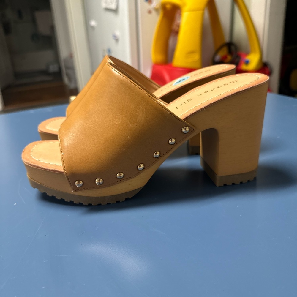 Madden Girl Tan Studded Block Heel Mules
